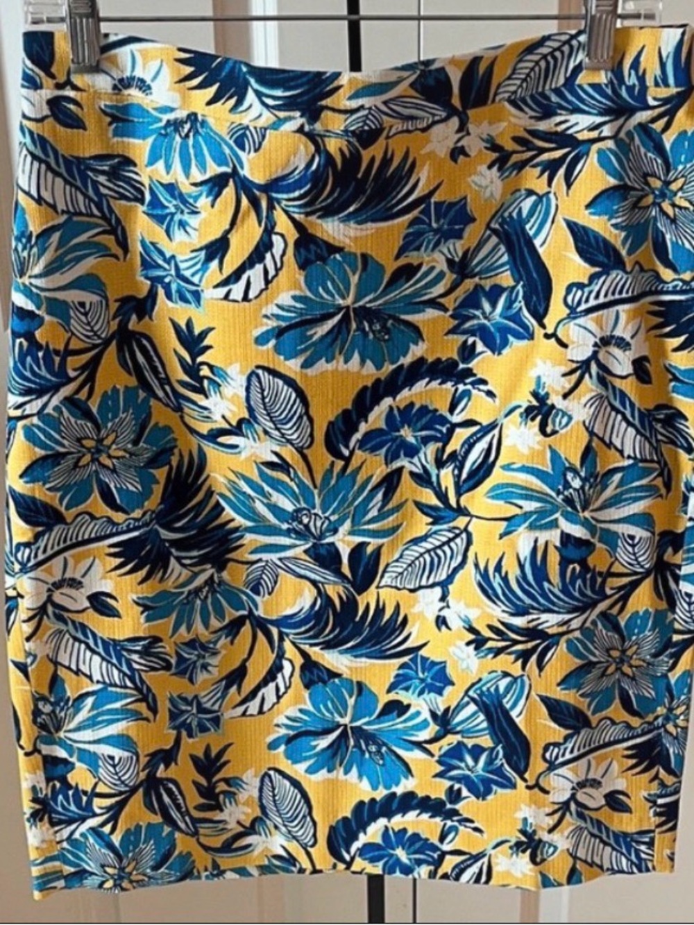 J. Crew Yellow Floral Pencil Skirt with Blue Accents